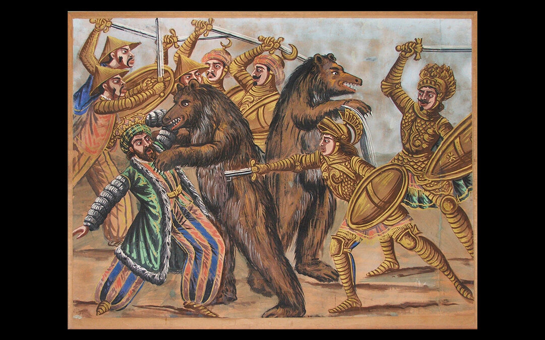Panel with a fight scene between paladins, Turks and two bears