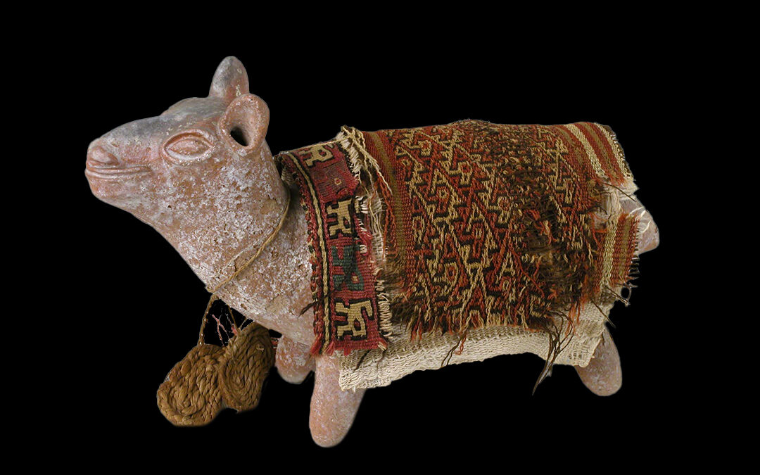 Figura fittile di lama con tessuto sulla groppa