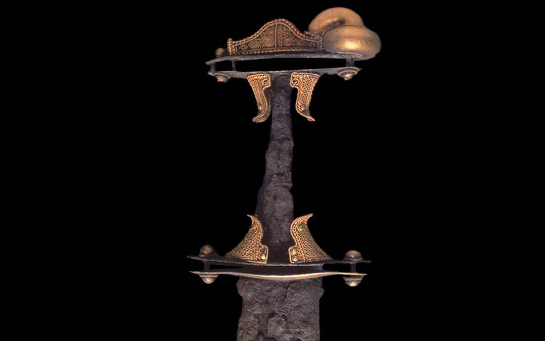 Iron sword with gold foil trim